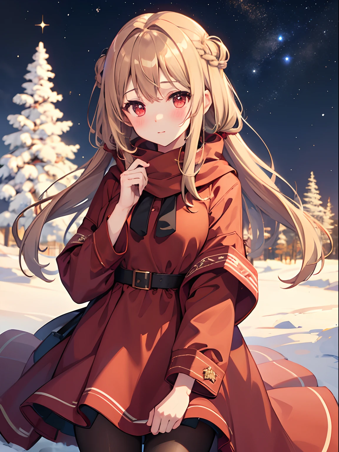 1girl in, Light brown SHRT hair, Red Eyes, center parted hair, medium breasts, Cute, blush, winter, outdoors, night, starry sky, warm clothes