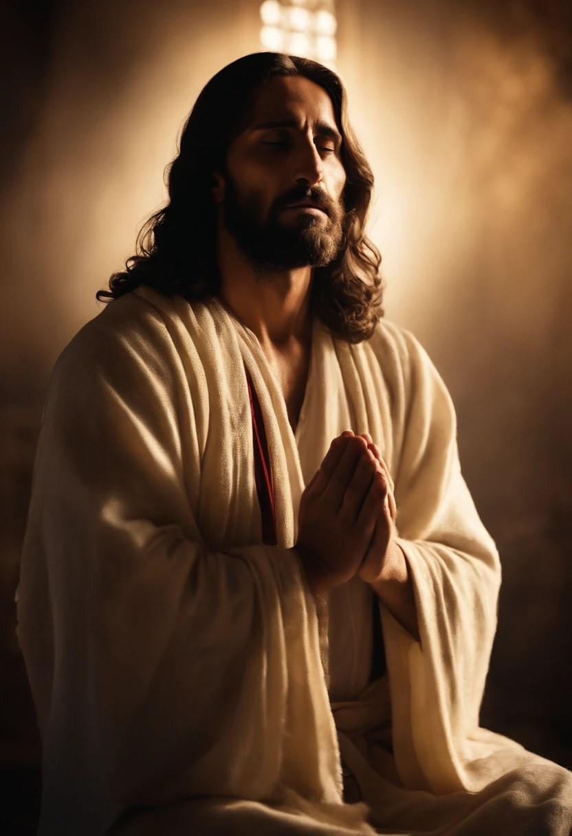 Jesus Cristo, retrato, fotografia, Realistic, luxo, raio de ouro , lente 85, Kindness guy praying bowed head bowed