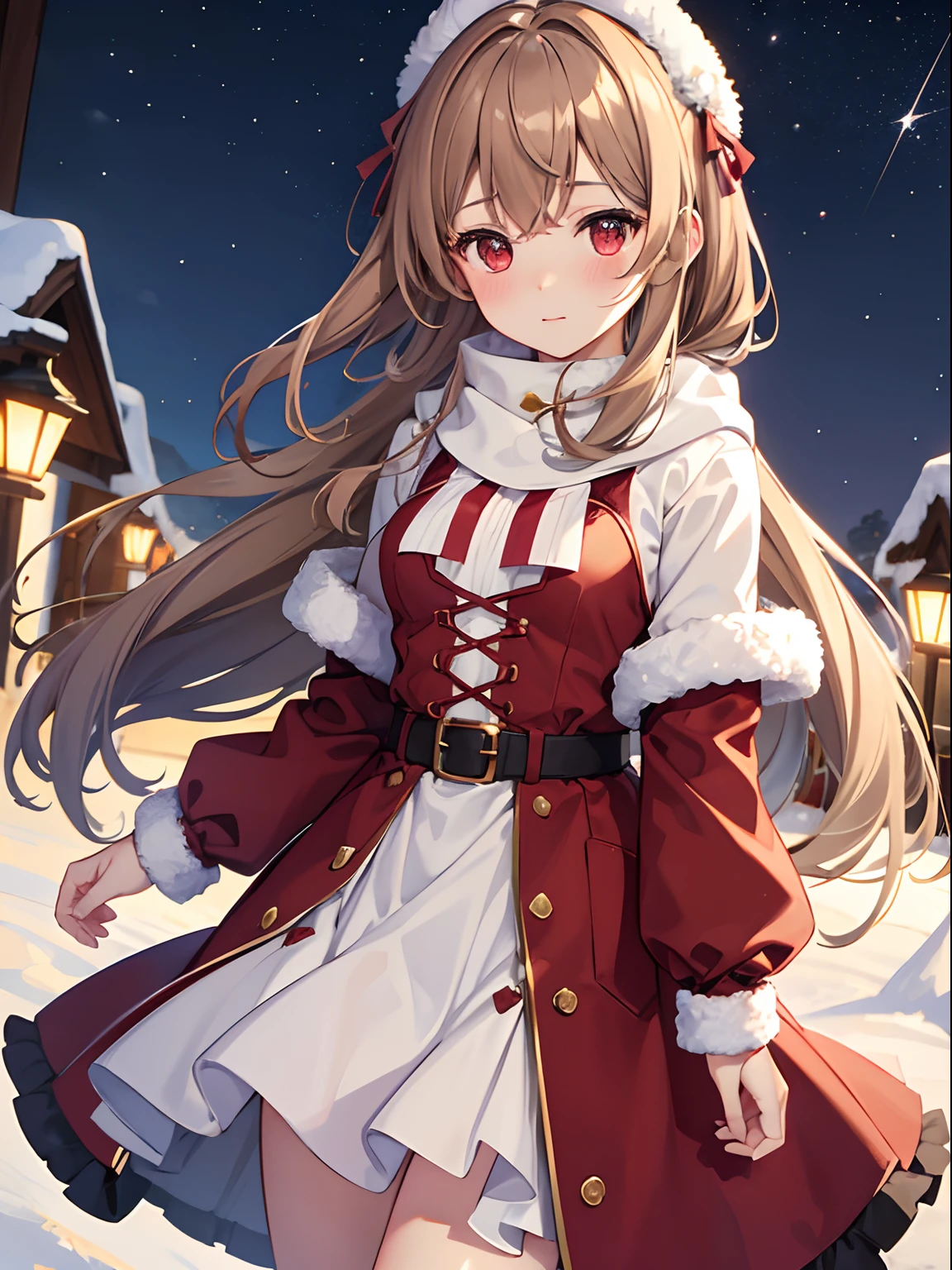 1girl in, Light brown SHRT hair, Red Eyes, center parted hair, medium breasts⁩, Cute, blush, winter, outdoors, night, starry sky, warm clothes