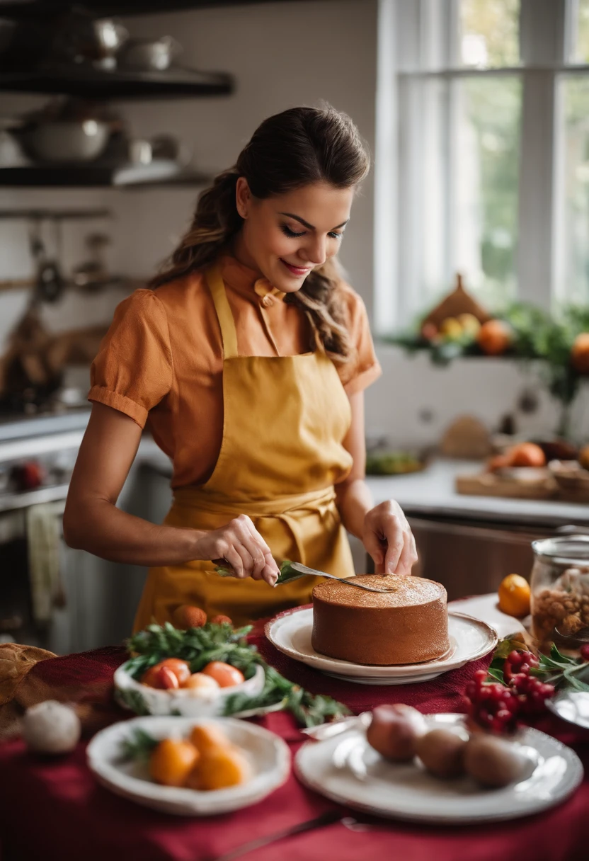 mulher no avental segurando um bolo com uma faca em uma cozinha, Assar um bolo, vestido como um chef pasteleiro, culinary art photography, na cozinha, cooky, cooking show, em uma cozinha, comer bolos, Estilista de Alimentos, usando avental, inspirado em Elsa Bleda, Justina Blakeney, cozinhando-o, Malika Favre, foto do livro de receitas, delicioso