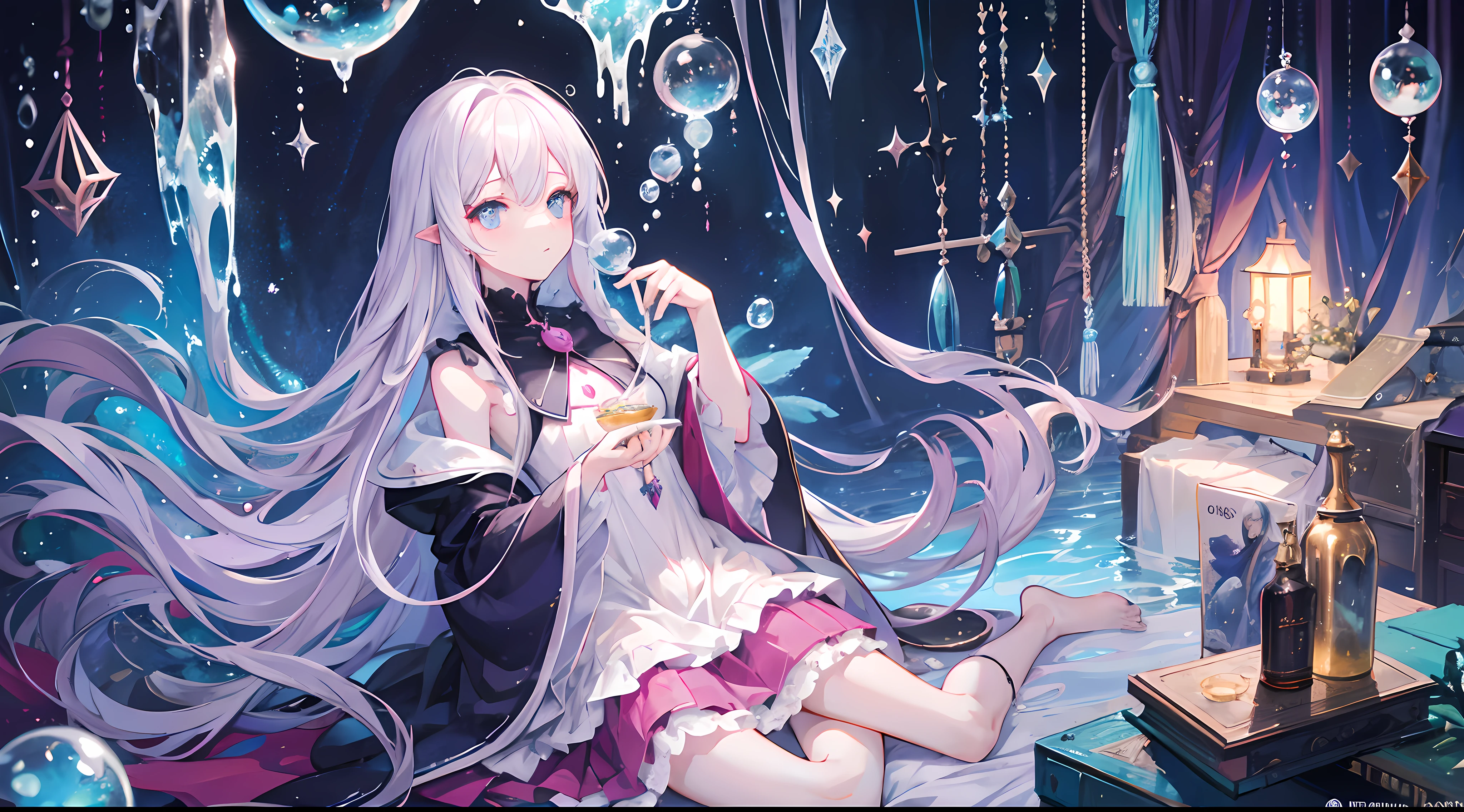 Top image quality、Fine sentences、full body Esbian、animesque、illustratio、ultra-definition、A detailed eye、Detail Facial、Fantasia、teens girl、Wear wizard's clothes、long hair in one knot、length hair、scientist、Drinking tea、Lots of bubbles、under the water、abyssal、AngelT、pile of books、fantastical light、magia、Sorcerer、Wear coral and pearls、dark ambiance、candelabra、Pedras preciosas、precious metal、Cluttered room、Realistic bubbles、Realistic water droplets、Under the sea、