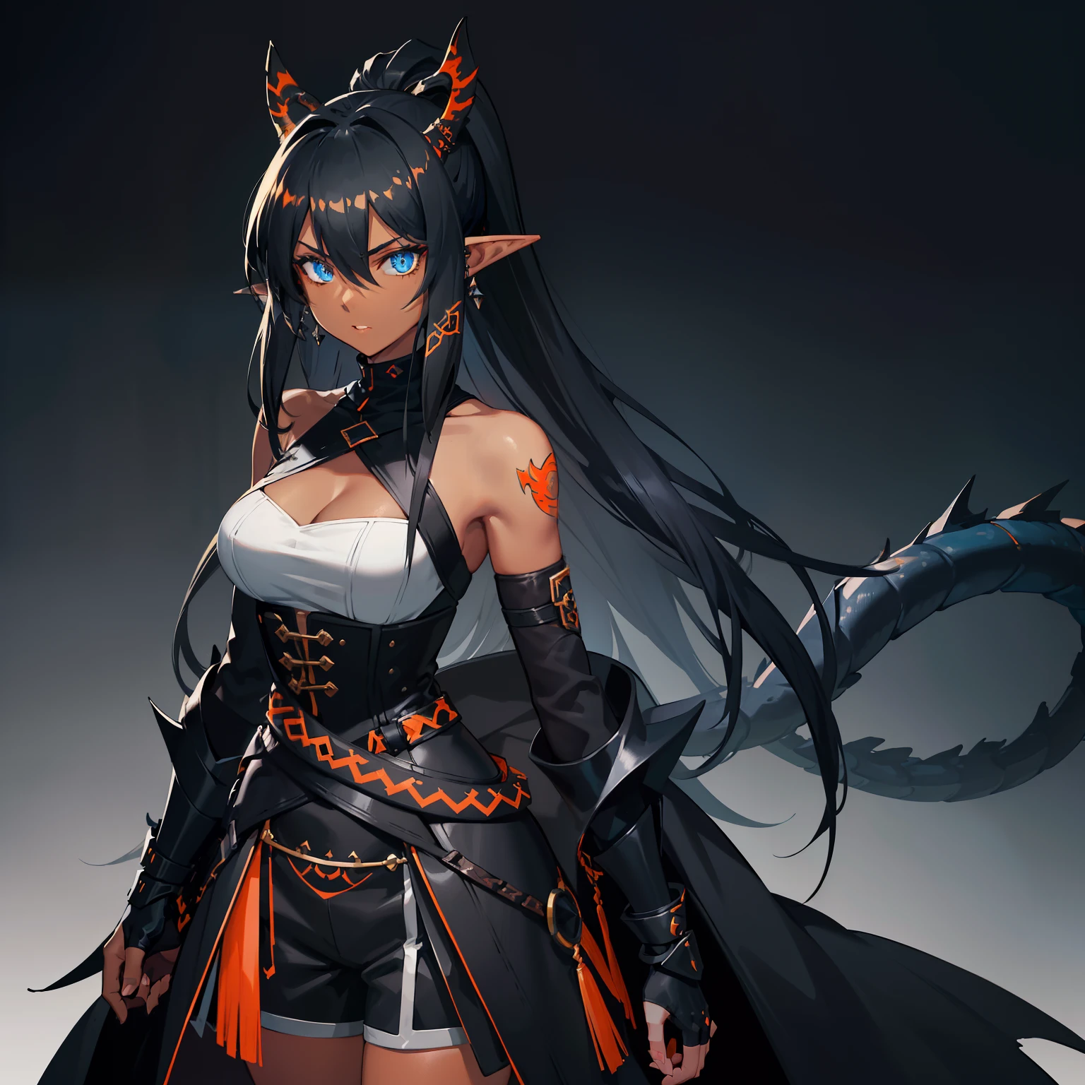 1girl , (((Dark Skin)))), Black Hair with Ponytail, (((Blue Eyes))), ((Black Metallic Gauntlets and Greaves with Orange and Silver Highlights)), (((The Clothes Have a Mix of Modern and Tribal))), (((The Clothes Have a Mix of Modern and Tribal))),  having mostly the color black, but having parts in orange, shoulders exposed, at the hip a shorts that extend to half of the thigh of black color. ((Black Overcoat with a orange inner part)) absurd res, best res, high res, best face, best eyes, (((Dragon Tail))), ((Elf Ears))