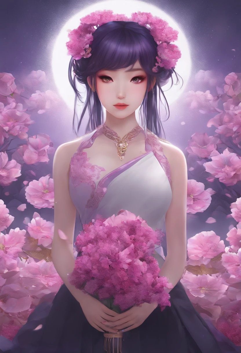 ((Masterpiece, Best quality)), (Negative space: 1.2), (1 girl, Solo: 1.4), petals, Pink eyes, Dragon girl, Long, Purple hair, High ponytail, liquid hair, Flowers, loong background