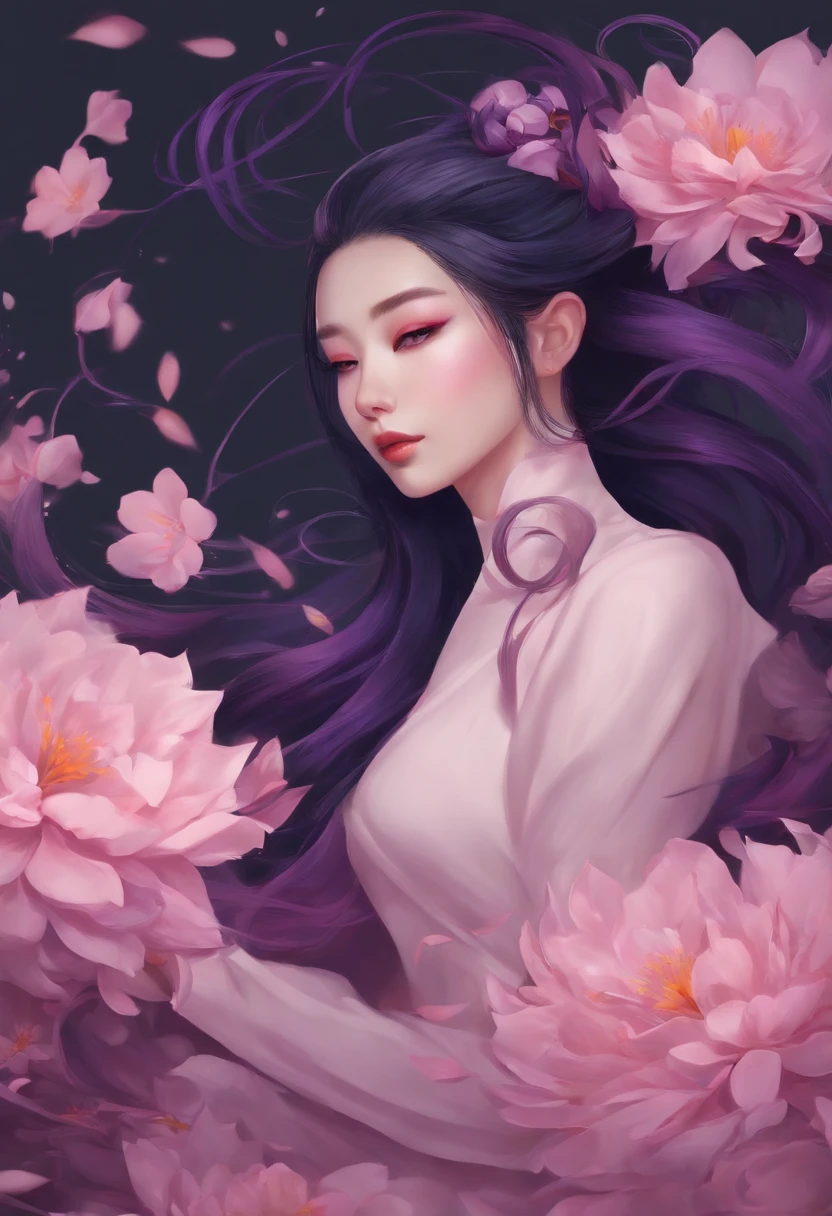 ((Masterpiece, Best quality)), (Negative space: 1.2), (1 girl, Solo: 1.4), petals, Pink eyes, Dragon girl, Long, Purple hair, High ponytail, liquid hair, Flowers, loong background