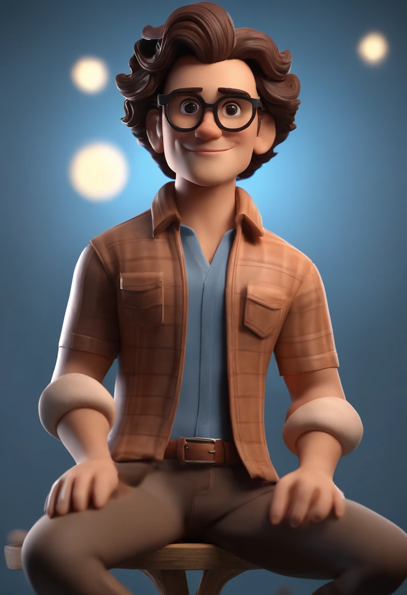 Personaje de dibujos animados de un hombre con gafas negras, dark brown curly hair and a blue shirt, animation character, stylized character, Rendering animation styles, 3D estilizado, Arnold Maya render, 3D render estilizado, Toon renderizar keyshot, Personaje 3D, Personaje 3D, Renderizado 3D estilizado, Renderizado de 3 caracteres D, Personaje de dibujos animados, Personaje de primer plano, Pose del personaje, (estilo pixar) (Pieza maestra:1.2) (Bokeh) (La mejor calidad) (Piel detallada) (Textura detallada) (8k) (arcilla) (cinematic lighting) (foco nítido