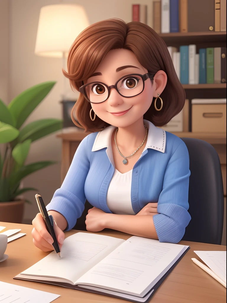 50-year-old woman, with short brown hair,,,,, Round face, Round face and charming smile, and brown eyes, Wearing glasses, small earrings in her ears, Sitting at an orchid table,Career Advisors,We will be happy to consult with you about your work...,experienced,Sitting across from a university professor,Hold the pen facing forward,Listen to the counselor
