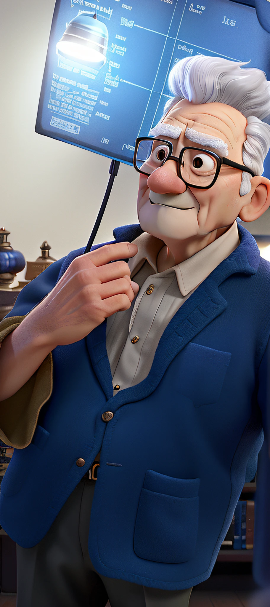 A wise old man standing in front, illuminated by the light of a lamp, against the backdrop of a library