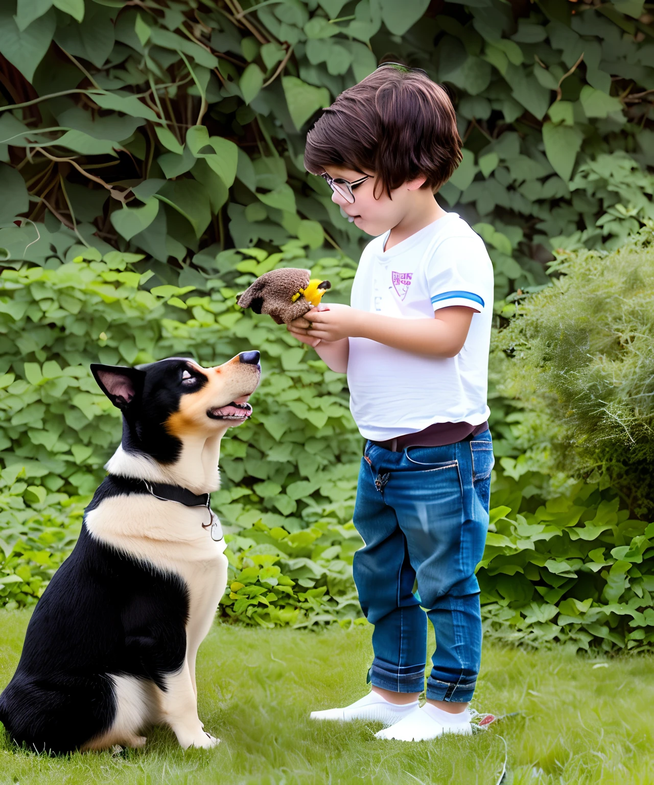 in disney style, a boy with dark brown hair and a beard and a girl with long and very dark brown hair with glasses and a very big nose looking at each other, the boy is taller, the boy is tanned and muscular and really hairy and the girl is pale and chubby, and there’s a little terrier dog thats white with brown and black spots, and theres a black cat