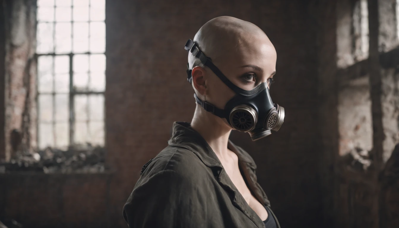 half body shot of a bald woman with an anti-gas mask in an abandoned factory, dark ambient, industrial aesthetic, techno aesthetic, techno fashion, horror movie, cinematic, ultra detailed, masterpiece.