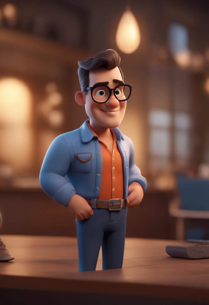 Cartoon character of a man with black glasses and a blue shirt, animation character, Caractere estilizado, animation style rendering, 3D estilizado, Arnold Maya render, 3 d render stylized, toon render keyshot, Personagem 3D, Personagem 3D, 3d rendering stylized, 3 d character render, personagem de desenho animado, Personagem de close up, Pose de personagem, (Estilo Pixar) (master part:1.2) (Bokeh) (best quality) (pele detalhada) (textura detalhada) (8k) (argila) (Cinematic lighting) (foco nítido