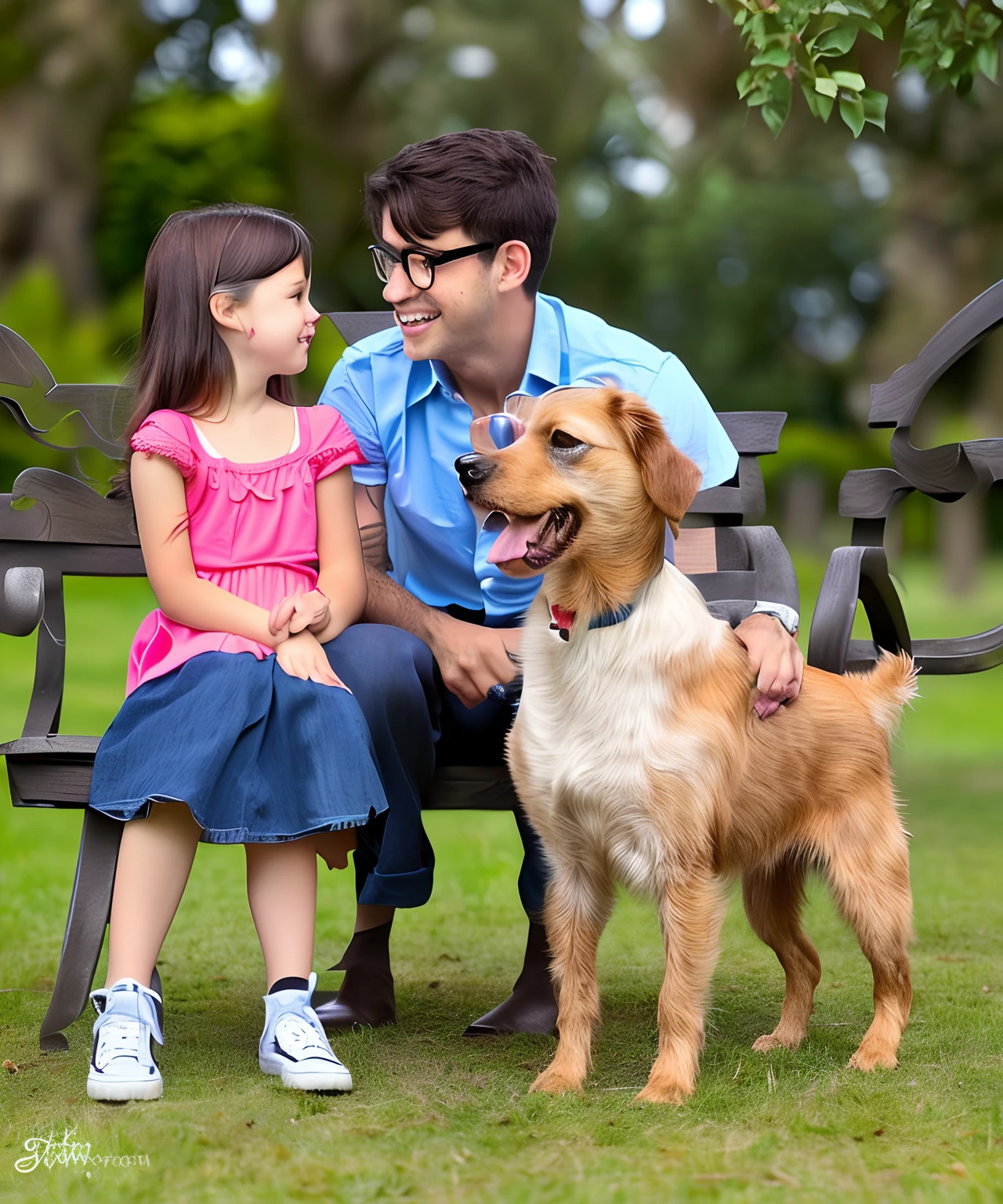 in disney style, a boy with dark brown hair and a beard and a girl with long and very dark brown hair with glasses and a very big nose looking at each other, the boy is taller, the boy is tanned and muscular and really hairy and the girl is pale and chubby, and there’s a little terrier dog thats white with brown and black spots, and theres a black cat