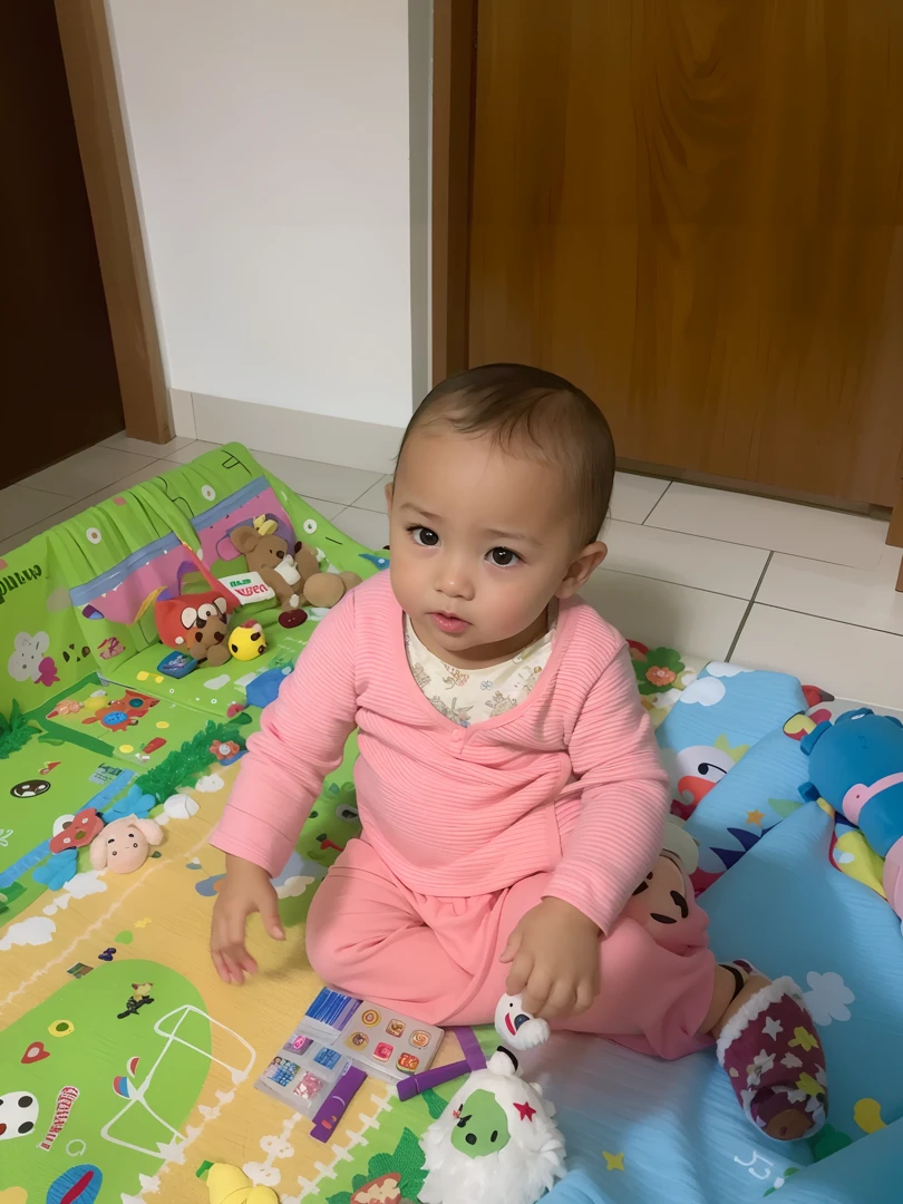 There's a baby sitting on a play mat with a toy, imagem de qualidade muito baixa, Tomado com Sony Alpha 9, babies in her lap, sentada em sua cama, sitting on the floor, Rosto inocente, intense expression, sentada em seu quarto, Riyahd Cassiem, 1614572159, imagem interna, Me ajuda