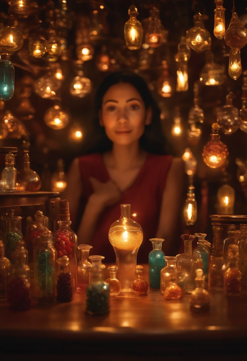 A collector of ideas inspired by Pixar animation, de perto. She is surrounded by a collection of magic vials, each containing a unique idea. The focus is on the character, with a captivating facial expression, Against a backdrop of shimmering, cores efervescentes.