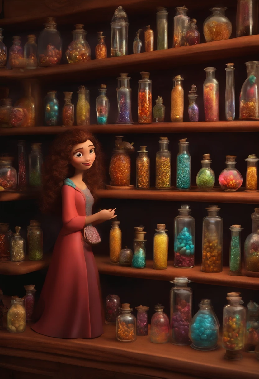 A collector of ideas inspired by Pixar animation, de perto. She is surrounded by a collection of magic vials, each containing a unique idea. The focus is on the character, with a captivating facial expression, Against a backdrop of shimmering, cores efervescentes.