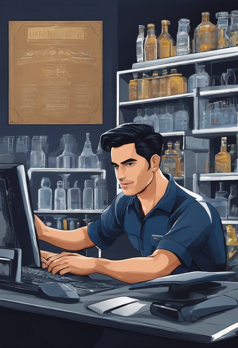 man, with black hair, black t-shirt, brown eyes, with navy blue background, working on the computer serving a customer in a glass shop