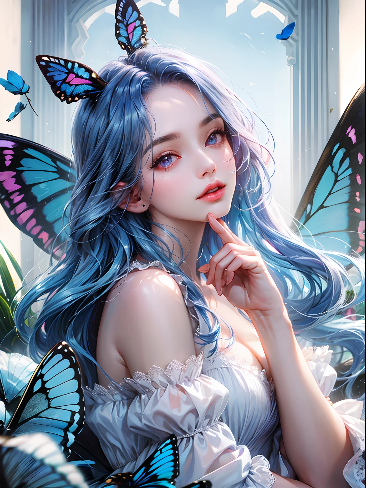 a women, blue butterfly, blue hair, pink eyes, blue dress