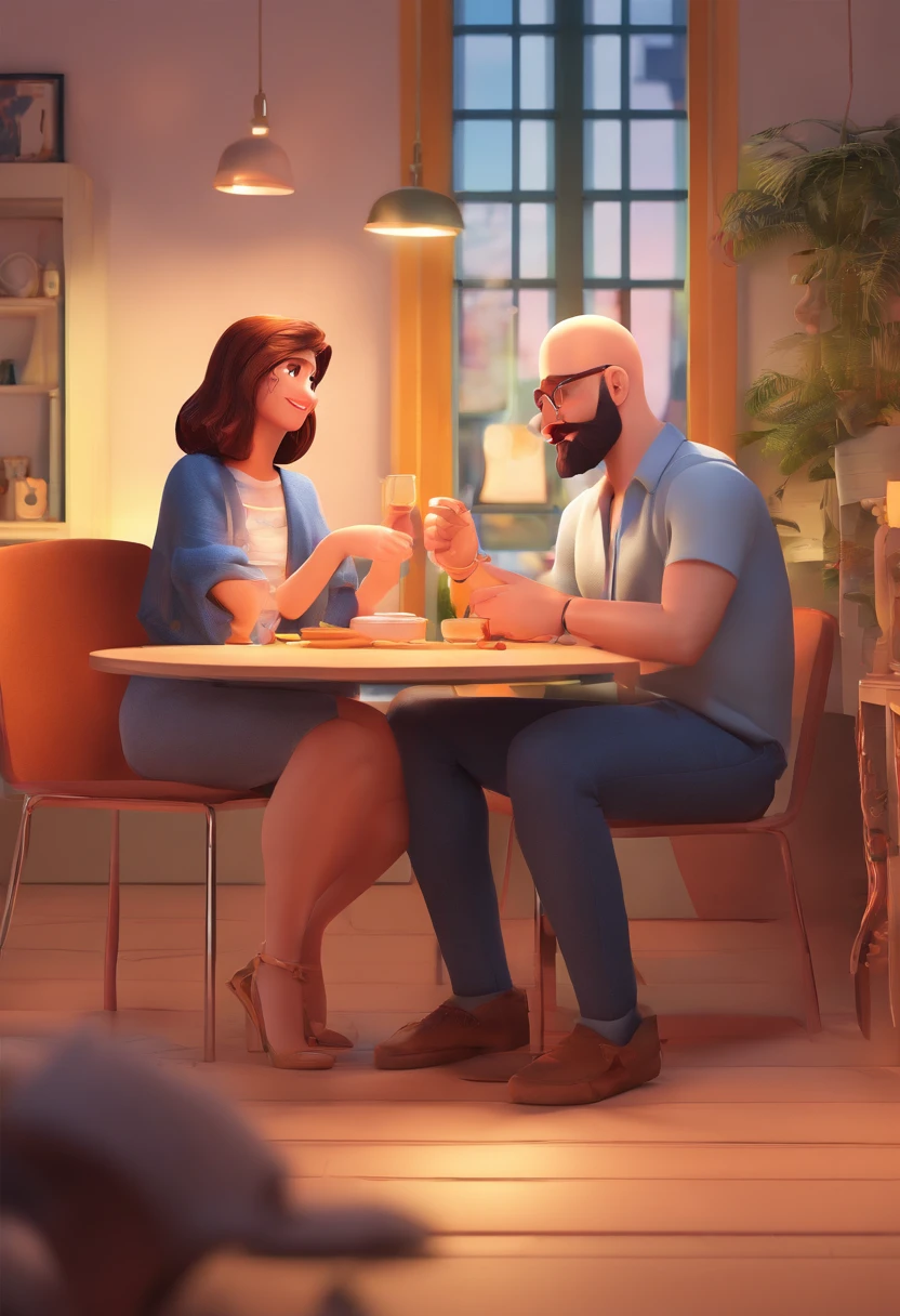 An illustration of an adorable couple, Destacando um homem e uma mulher com beleza, Expressive eyes – the man's hair is bald and brown and he has a full beard, While the woman's hair is tied up in a bun and blonde. They are a bright space, Todos com um sorriso no rosto, e compartilhe um momento especial, That is marked by love, viagem, and pedagogical insights. Ilustre esta cena a partir de uma perspectiva, where they're facing away from the camera, Show Your Connection. Desenvolva esta arte em Full HD, Focus on your cinematic touch, Estilo Disney Pixar Animations