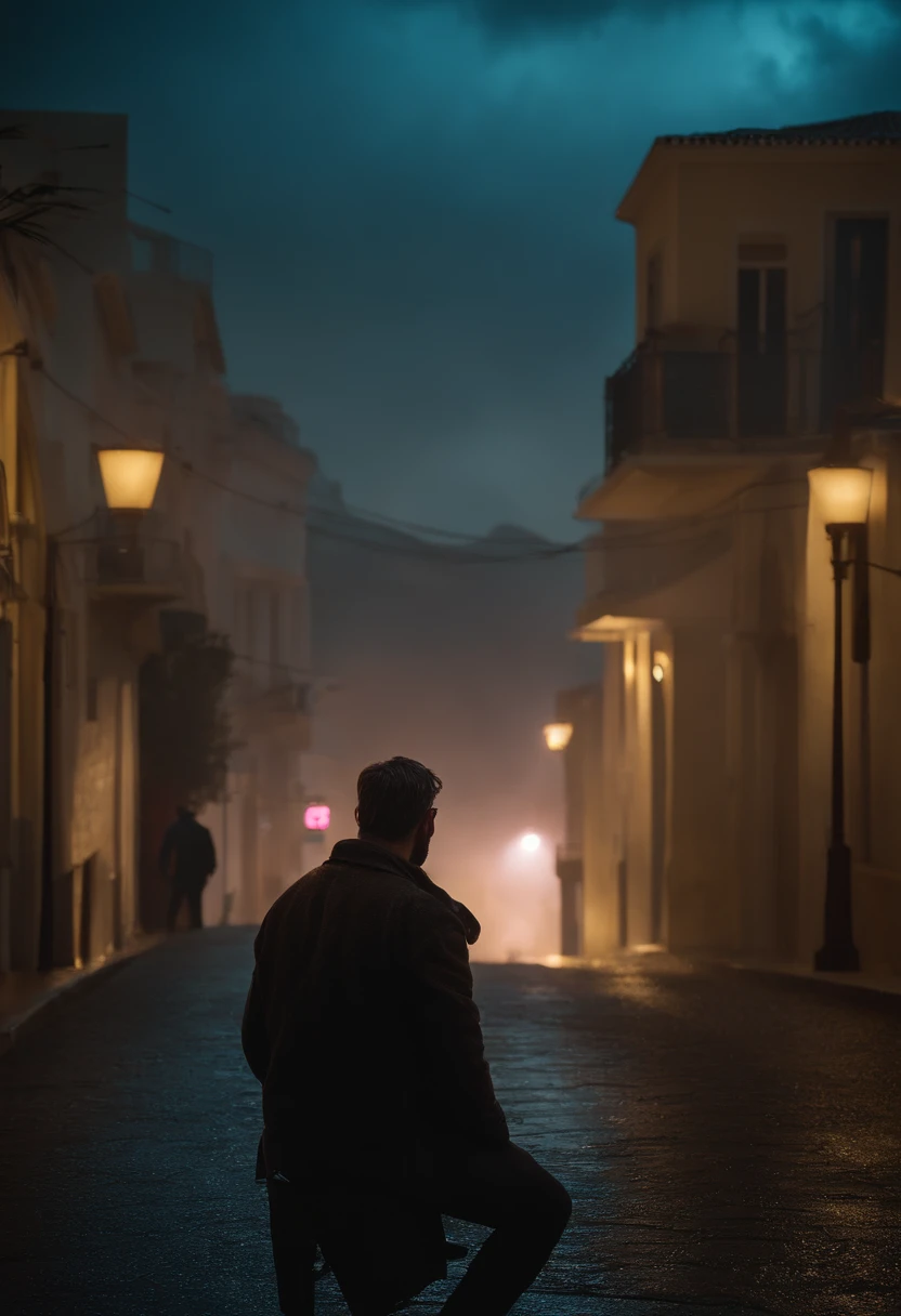 "Joe, the enigmatic protagonist of Blade Runner 2049, encontra-se na cidade de albufeira movimentada. As he looks out over the neon-lit cityscape under a thunderstorm, Skies full of pollution, tristeza, Chovendo, olhando para cima. neon lights, fechar para cima, Wet."