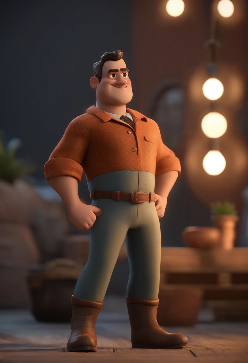 Personagem de desenho animado de um homem, uma camisa preta, um personagem animado, Caractere estilizado, animation style rendering, 3D estilizado, Arnold Maya render, 3 d render stylized, toon render keyshot, Personagem 3D, Personagem 3D, 3d rendering stylized, 3 d character render, personagem de desenho animado, Personagem de close up, Pose de personagem, (Estilo Pixar) (master part:1.2) (Bokeh) (best quality) (pele detalhada) (textura detalhada) (8k) (argila) (Cinematic lighting) (foco nítido,Senta e vaza a parte superior do corpo, castelo ao fundo e rio