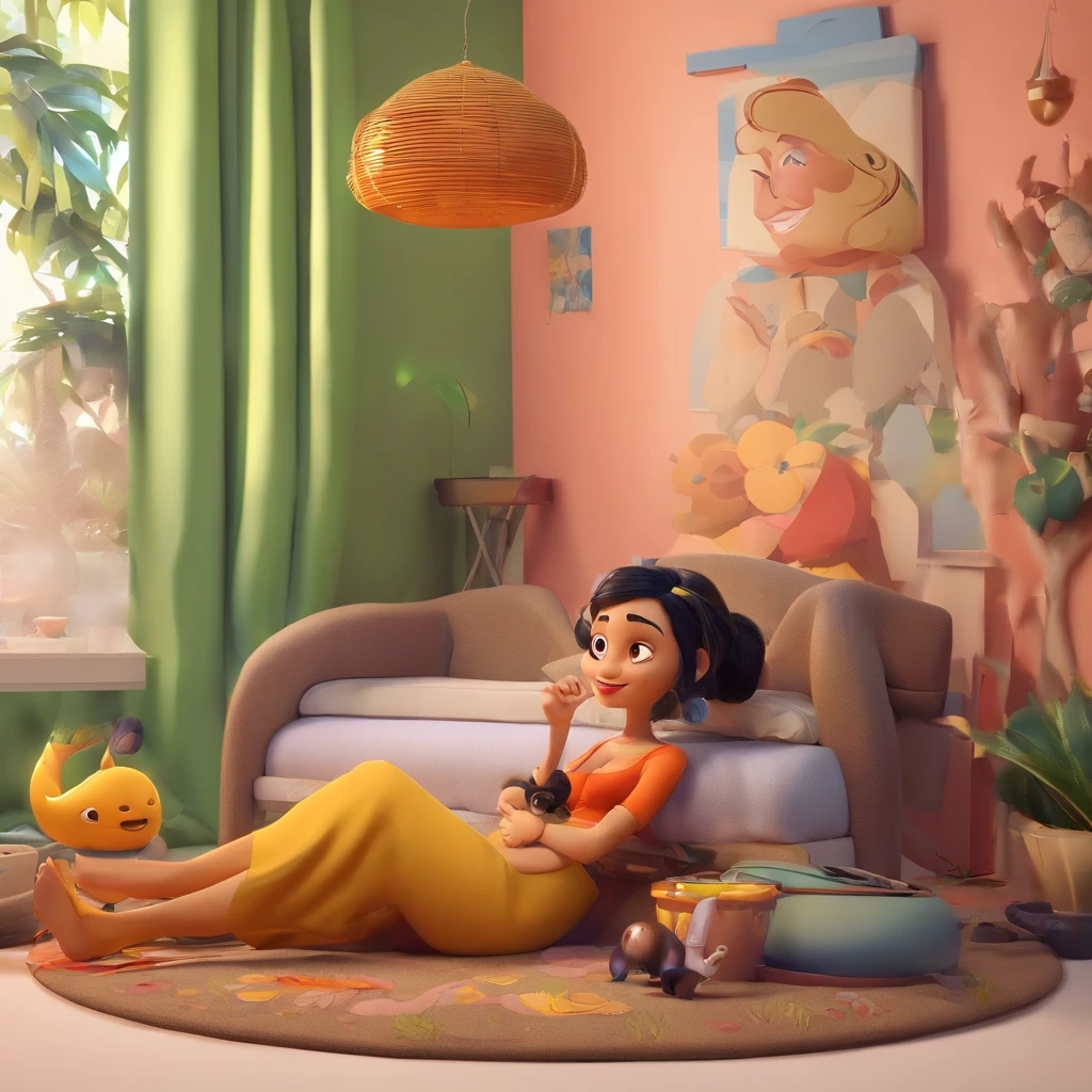 create a 3D movie poster inspired by Disney Pixar, The scene should be in Pixar's signature digital art style, com uma imagem caricatural que lembra a cantora brasileira "Anita" in the prone position, Wearing a bikini while a tattoo artist is sitting tattooing with a giant ring on one hand, inside a tattoo parlor.