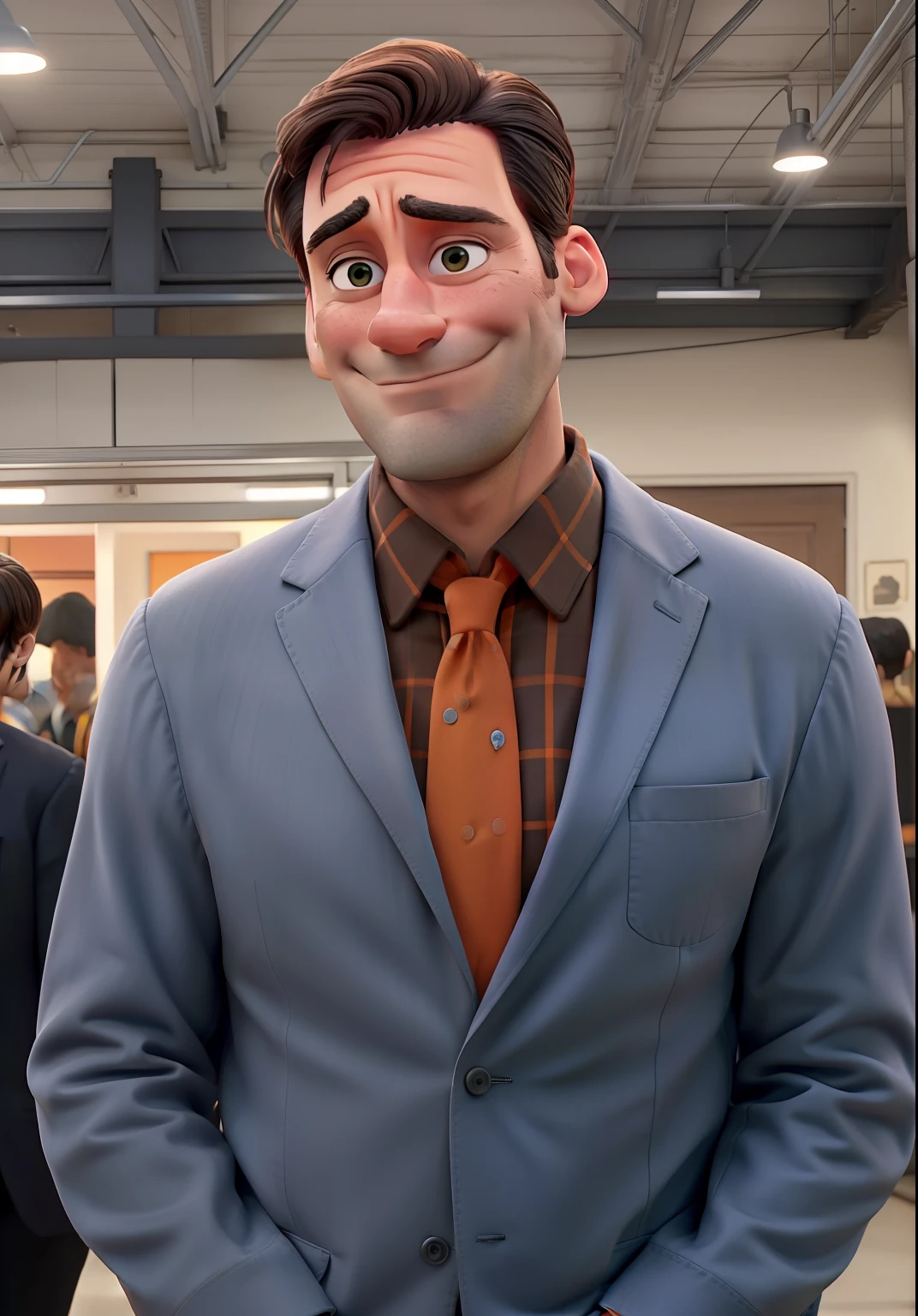 Jon Hamm, Cartoons in orange shirt and black pants, arms crossed, olhando para frente e sorrindo com os dentes aparecendo;