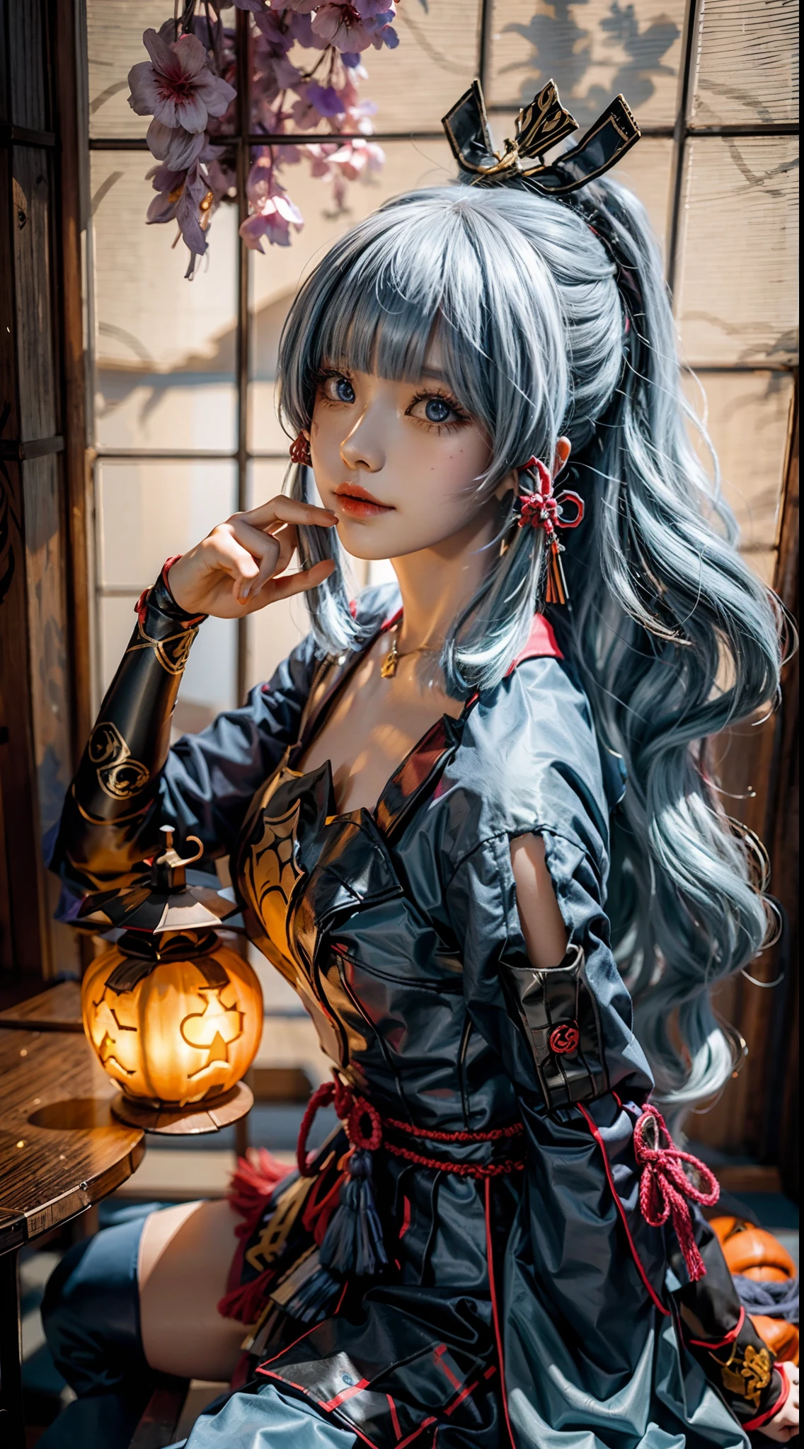 A girl,cosplaying Ayaka from the game Genshin impact, with a Halloween background, sitting,full body, pumpkin lantern, highest quality (best quality, masterpiece:1.1) and has a realistic appearance (realistic:1.4),pale white-blue hair,The focus is on the detailed depiction of the girl's face, specifically her beautiful eyes, detailed lips, and long eyelashes. The girl is dressed in a cosplay costume of the character Ayaka from Genshin impact, and the scene is set against a Halloween-themed background. The colors of the portrait are vibrant and vivid. The lighting is well-balanced, highlighting the girl's features and creating a visually appealing atmosphere.