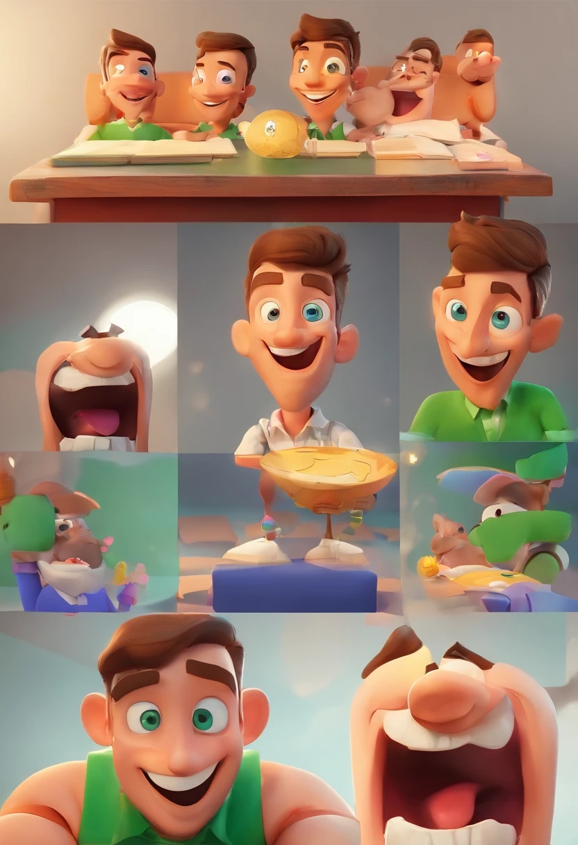 Smiling Man Illustration, sorriso insano, Homem de pele marrom com um sorriso gigante, happily smiling at the camera, sorriso atrevido, he's smiling, sorriso muito grande, Macho sorridente, foto de perfil headshot, rindo sorriso enorme, desenhando no estilo de Arte 3D, c4d, fundo de cor branco puro, estilo disney, estilo pixar render ilustracao Super Detalhe, 8k