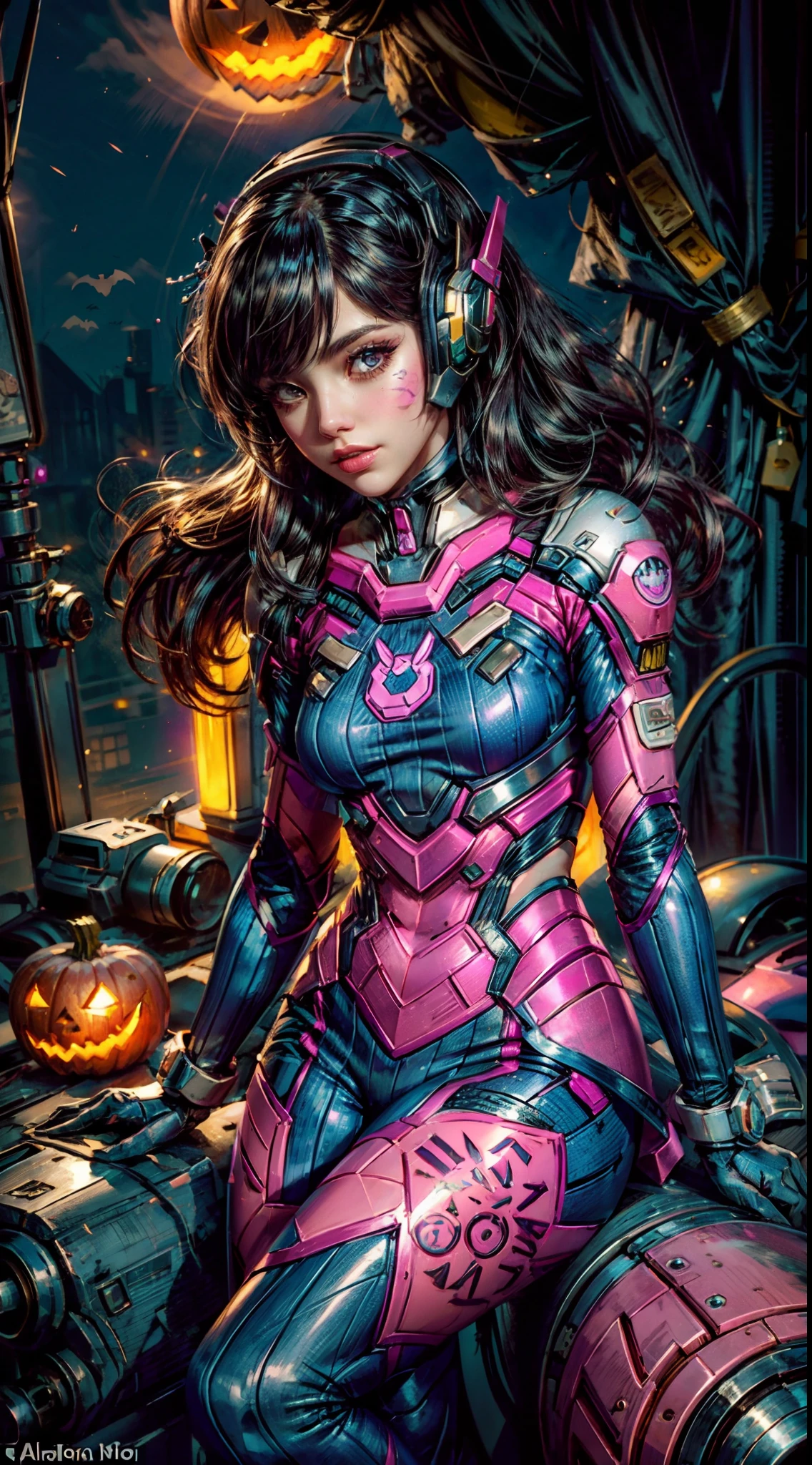 A girl ,from knee shot,cosplaying Dva from the game Overwatch, with a Halloween background. The portrait is of the highest quality (best quality, masterpiece:1.1) and has a realistic appearance (realistic:1.4). The focus is on the detailed depiction of the girl's face, specifically her beautiful eyes, detailed lips, and long eyelashes. The girl is dressed in a cosplay costume of the character Dva from Overwatch, and the scene is set against a Halloween-themed background. The colors of the portrait are vibrant and vivid. The lighting is well-balanced, highlighting the girl's features and creating a visually appealing atmosphere.