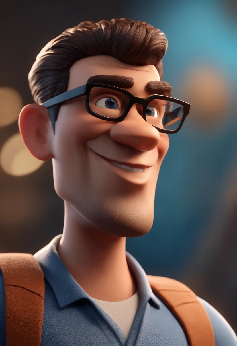 Cartoon character of a man with black glasses and a blue shirt, animation character, Caractere estilizado, animation style rendering, 3D estilizado, Arnold Maya render, 3 d render stylized, toon render keyshot, Personagem 3D, Personagem 3D, 3d rendering stylized, 3 d character render, personagem de desenho animado, Personagem de close up, Pose de personagem,  (Estilo Pixar) (master part:1.2) (Bokeh) (best quality) (pele detalhada) (textura detalhada) (8k) (argila) (Cinematic lighting) (foco nítido