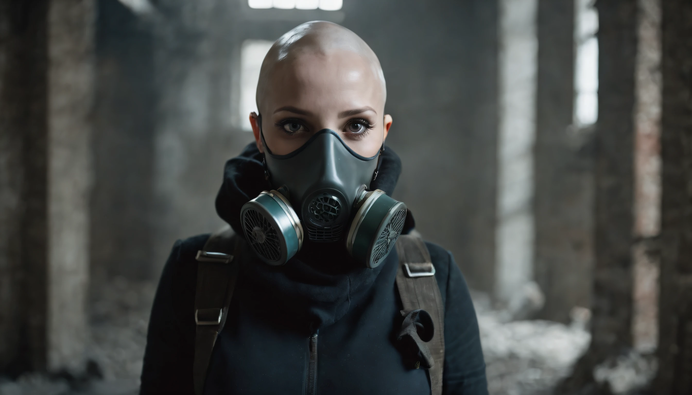 half body shot of a bald woman with an anti-gas mask in an abandoned factory, dark ambient, industrial aesthetic, techno aesthetic, techno fashion, horror movie, cinematic, ultra detailed, masterpiece.