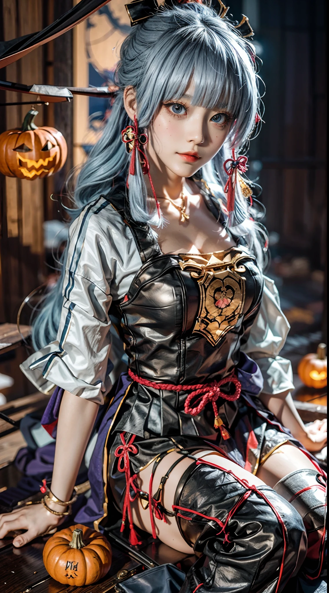 A girl,cosplaying Ayaka from the game Genshin impact, with a Halloween background, sitting,full body, pumpkin lantern, highest quality (best quality, masterpiece:1.1) and has a realistic appearance (realistic:1.4),pale white-blue hair,The focus is on the detailed depiction of the girl's face, specifically her beautiful eyes, detailed lips, and long eyelashes. The girl is dressed in a cosplay costume of the character Ayaka from Genshin impact, and the scene is set against a Halloween-themed background. The colors of the portrait are vibrant and vivid. The lighting is well-balanced, highlighting the girl's features and creating a visually appealing atmosphere.