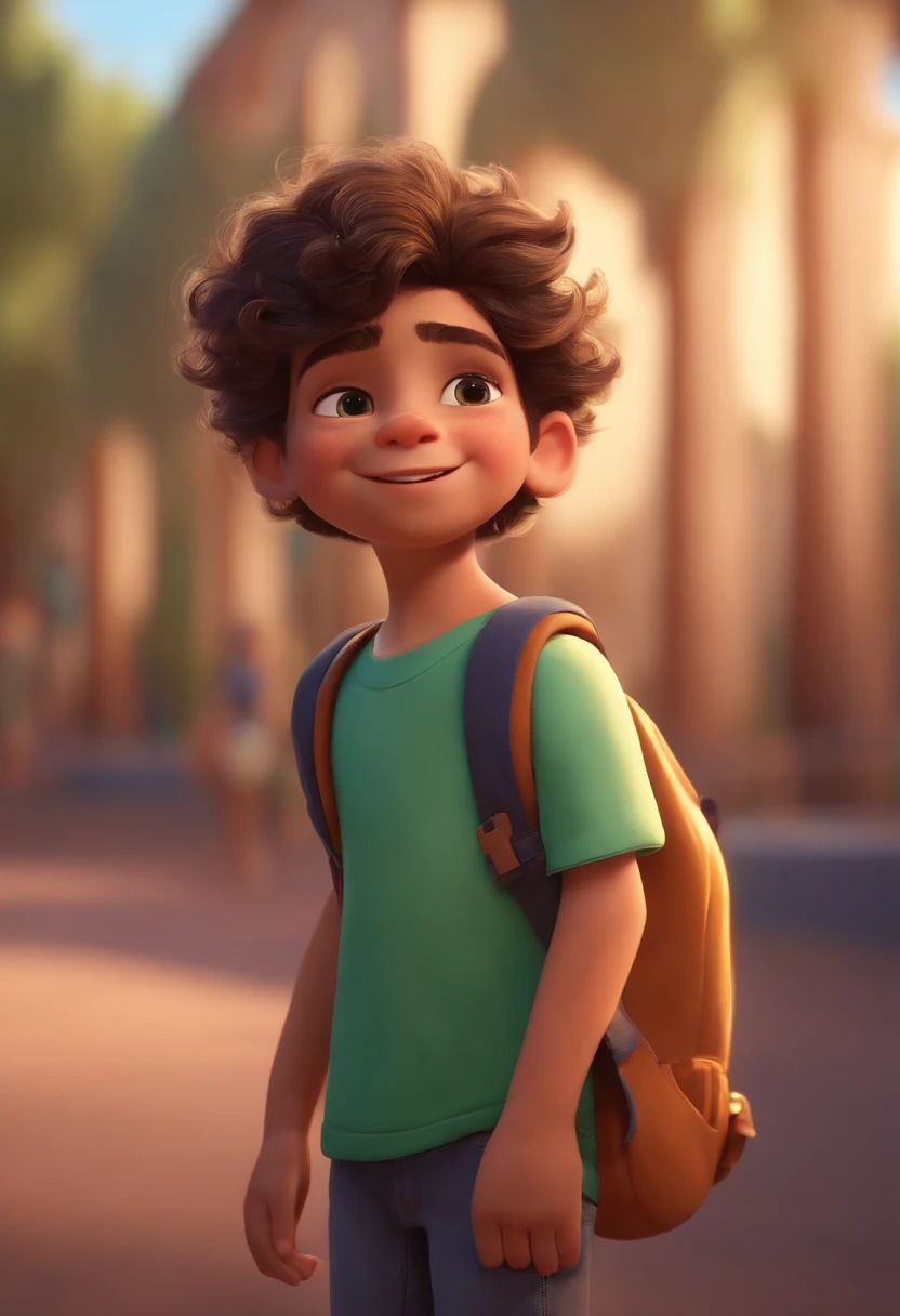 Image of a boy for a story in a YouTube video in Pixar format, He's the  allabester, He's the class leader, He's outgoing, Playful and gets up for a lot of things, cabelo curto