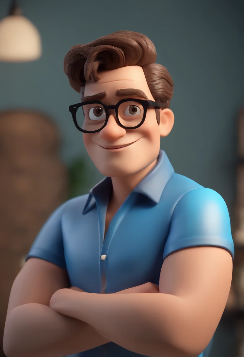 Cartoon character of a man wearing black glasses and a blue shirt, um personagem animado, Caractere estilizado, animation style rendering, 3D estilizado, Arnold Maya render, 3 d render stylized, toon render keyshot, Personagem 3D, Personagem 3D, 3d rendering stylized, 3 d character render, personagem de desenho animado, Personagem de close up, Pose de personagem, (Estilo Pixar) (master part:1.2) (Bokeh) (best quality) (pele detalhada) (textura detalhada) (8k) (argila) (Cinematic lighting) (foco nítido,Senta e vaza a parte superior do corpo