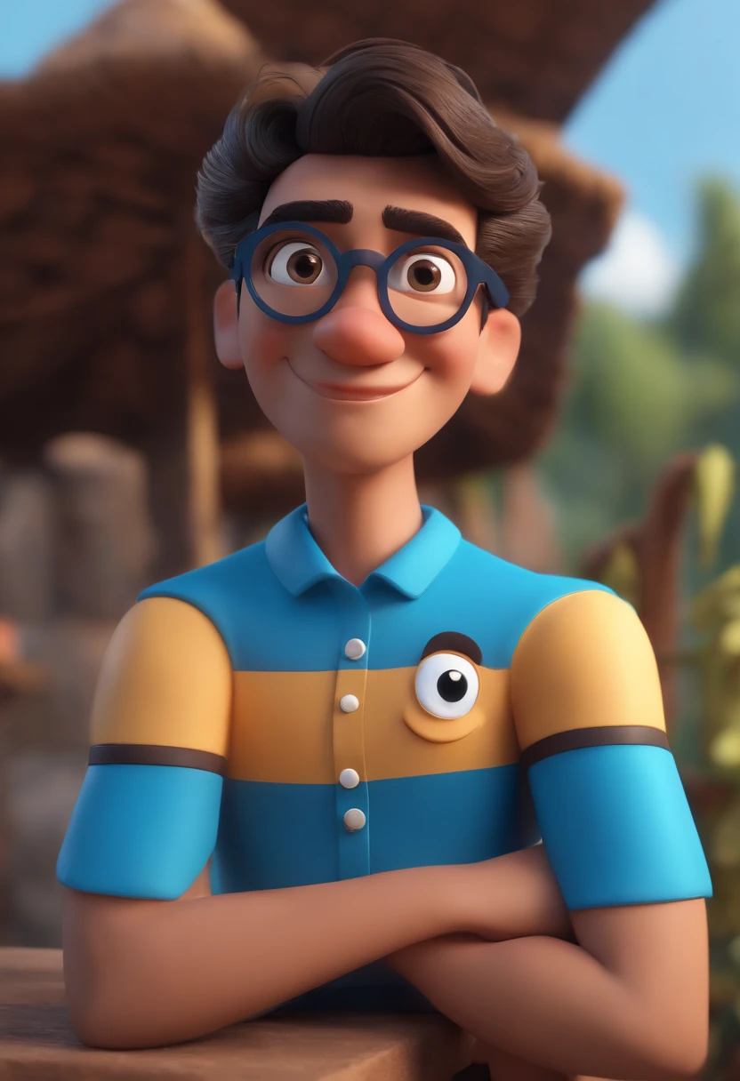 Cartoon character of a man wearing black glasses and a blue shirt, um personagem animado, Caractere estilizado, animation style rendering, 3D estilizado, Arnold Maya render, 3 d render stylized, toon render keyshot, Personagem 3D, Personagem 3D, 3d rendering stylized, 3 d character render, personagem de desenho animado, Personagem de close up, Pose de personagem, (Estilo Pixar) (master part:1.2) (Bokeh) (best quality) (pele detalhada) (textura detalhada) (8k) (argila) (Cinematic lighting) (foco nítido,Senta e vaza a parte superior do corpo