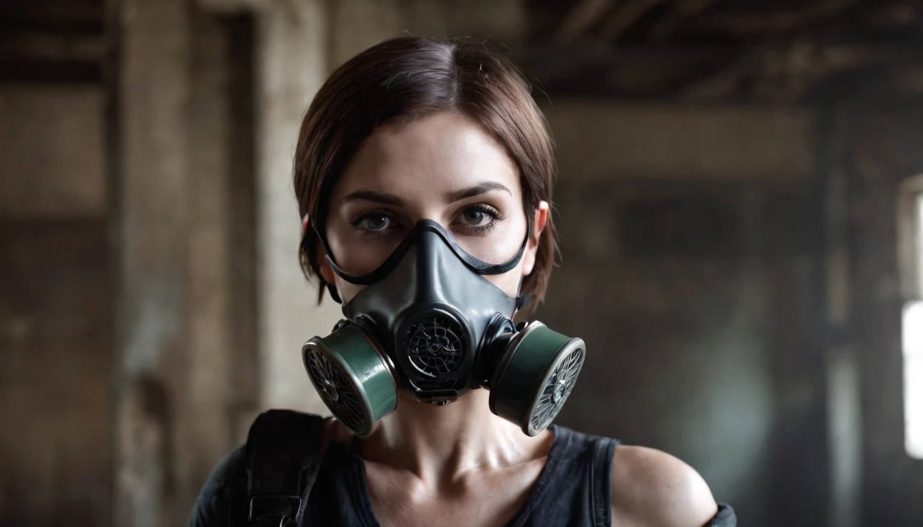 half body shot of a short haired woman with an anti-gas mask in an abandoned factory, dark ambient, industrial aesthetic, techno aesthetic, techno fashion, horror movie, cinematic, ultra detailed, masterpiece.