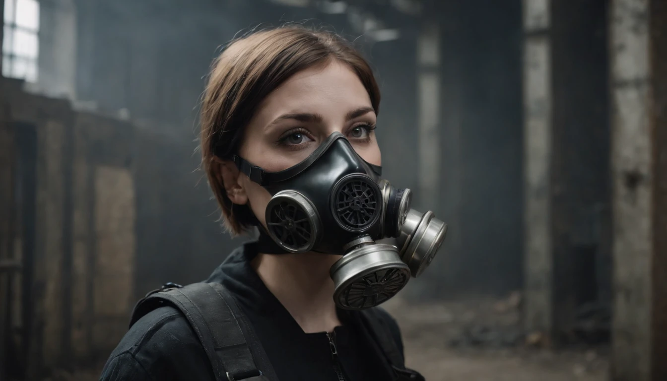 half body shot of a short haired woman with an anti-gas mask in an abandoned factory, dark ambient, industrial aesthetic, techno aesthetic, techno fashion, horror movie, cinematic, ultra detailed, masterpiece.
