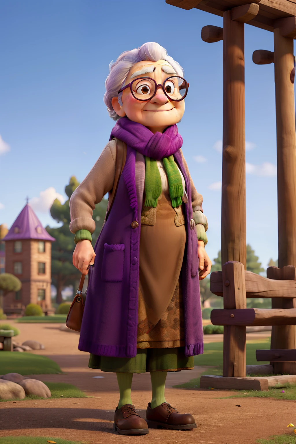 masterpiece, best quality, an old woman with glasses and a scarf on, wearing a purple coat and green scarf, standing at the park