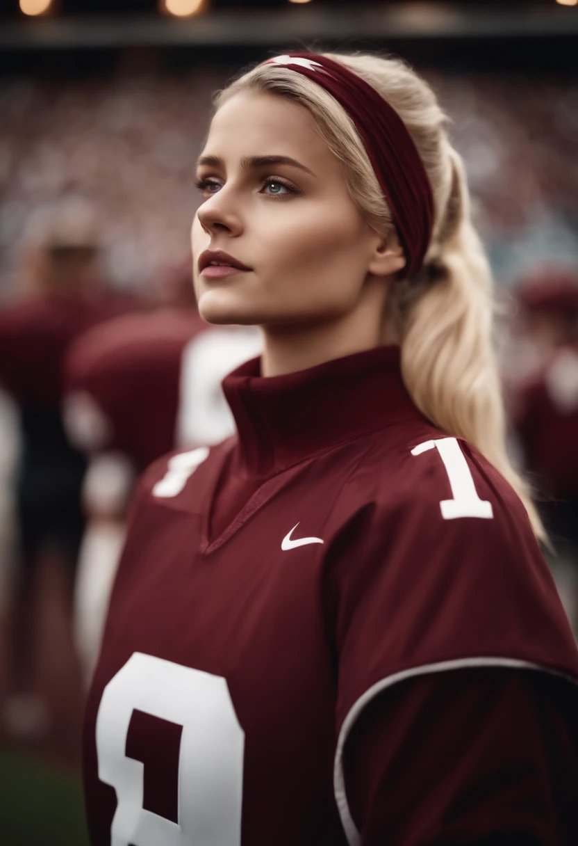 A blonde girl standing, with maroon football clothes, thin headband, de oculos sport, uma bola, In a crowded football stadium