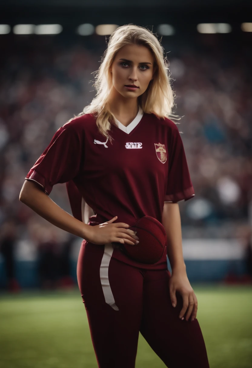 A blonde girl standing, with maroon football clothes, thin headband, de oculos sport, uma bola, In a crowded football stadium