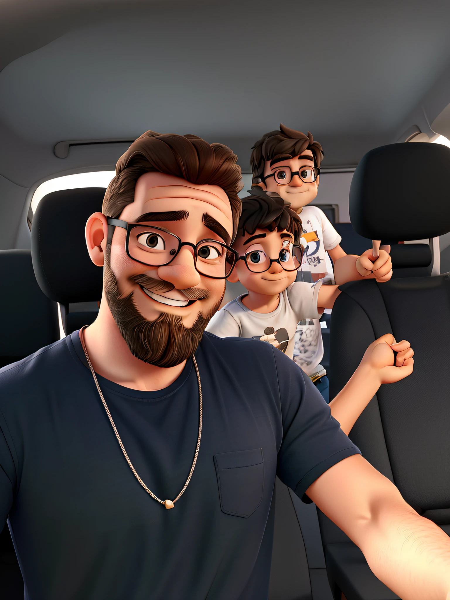 A father in a t-shirt with a beard with glasses smiling and in the background two a boy and a girl