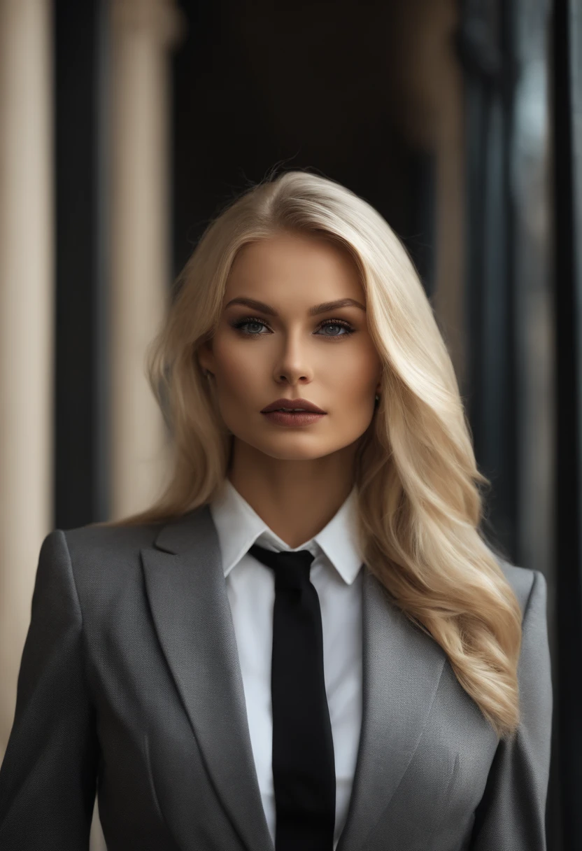 Blonde woman in black suit posing for a picture, digital arts, Inspired by Hedy Xandt, tumblr, Digital Art, a beautiful blonde, a beautiful blonde, blonde woman, girl in suit, blonde swedish woman, blonde goddess, anna nikonova aka newmilky, a gorgeous blonde, sexy girl with long blonde hair, girl in suit, cleavage