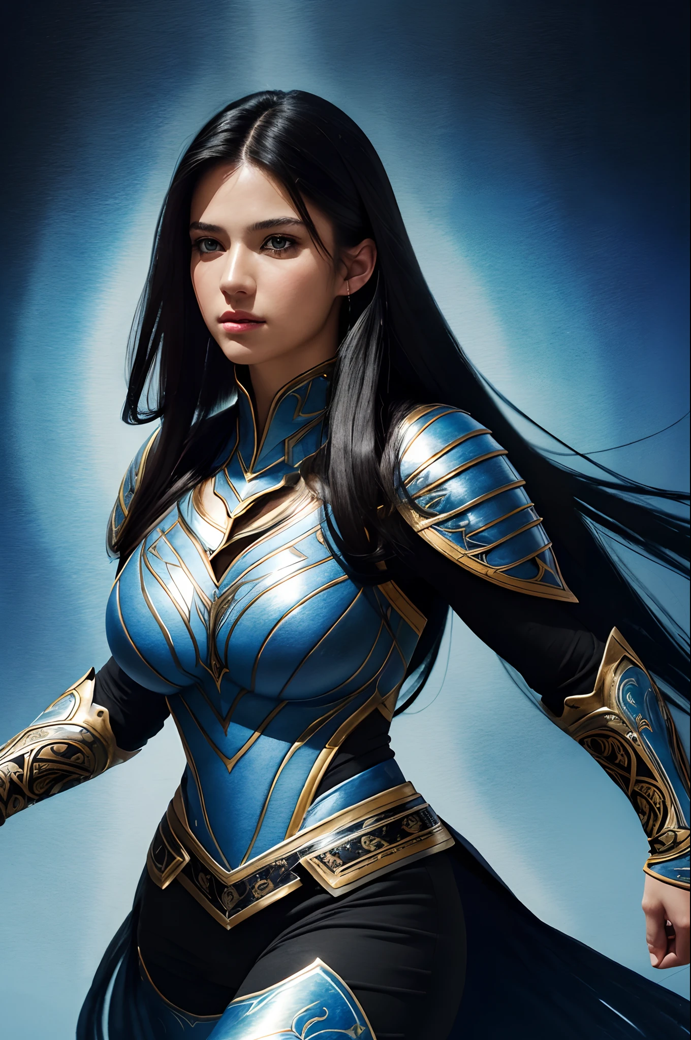 1girl, depth of field, official art, unity 8k wallpaper, ultra detailed, illustration, beautiful and aesthetic, masterpiece, best quality, knight, (big breasts), (milf, mature female), (black armor, armor, breastplate), beautiful face, (long hair, black hair, very straight hair:1.4, hime cut:1.4), blue eyes, cowboy shot, glowing skin, back lighting, athletic figure, muscular female, curvy, wide hips, colorful, looking at viewer, Hyperrealistic, gradient background, dark background, outline, fantasy, from the front, watercolor, traditional media, (chromatic aberration, intricate details)