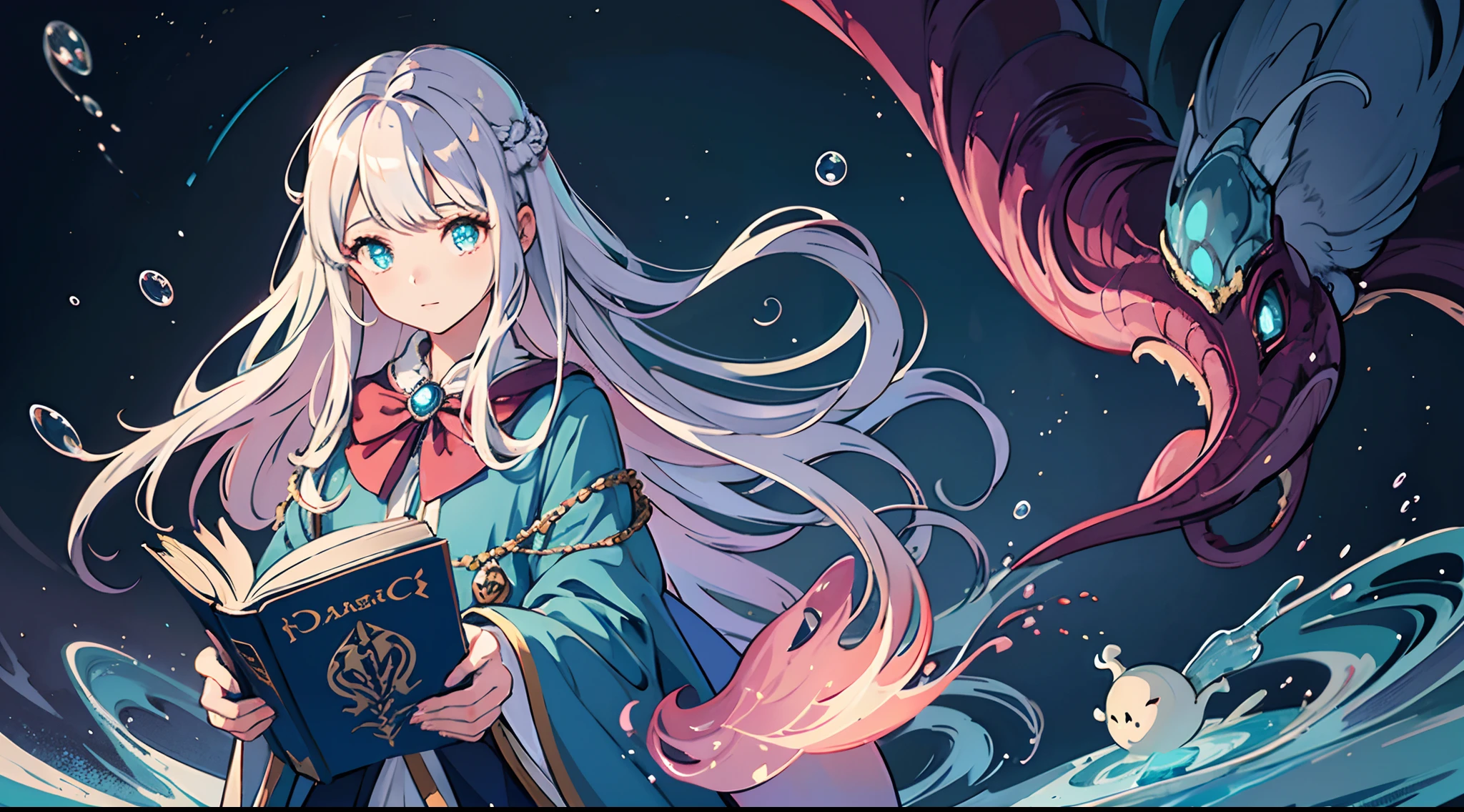 Top image quality、Fine sentences、full body Esbian、animesque、illustratio、ultra-definition、A detailed eye、Detail Facial、Fantasia、s girl、Wear wizard's clothes、long hair in one knot、length hair、scientist、Drinking tea、Lots of bubbles、under the water、abyssal、AngelT、pile of books、fantastical light、magia、Sorcerer、Wear coral and pearls、dark ambiance、candelabra、Pedras preciosas、precious metal、Cluttered room、Realistic bubbles、Realistic water droplets、Under the sea、
