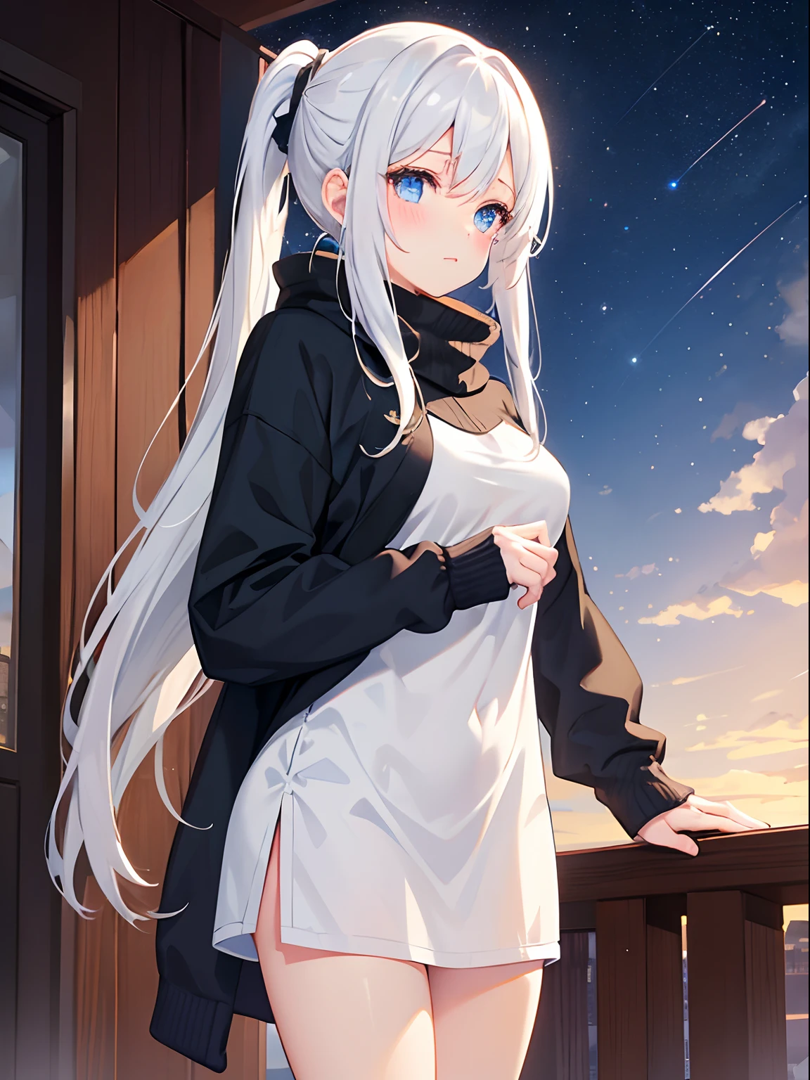 1girl in, Medium White Hair, Beautiful sky blue eyes, Pony tail, Roomwear, in room, Cute, blush, medium breasts, winter, outdoors, night, starry sky, warm clothes
