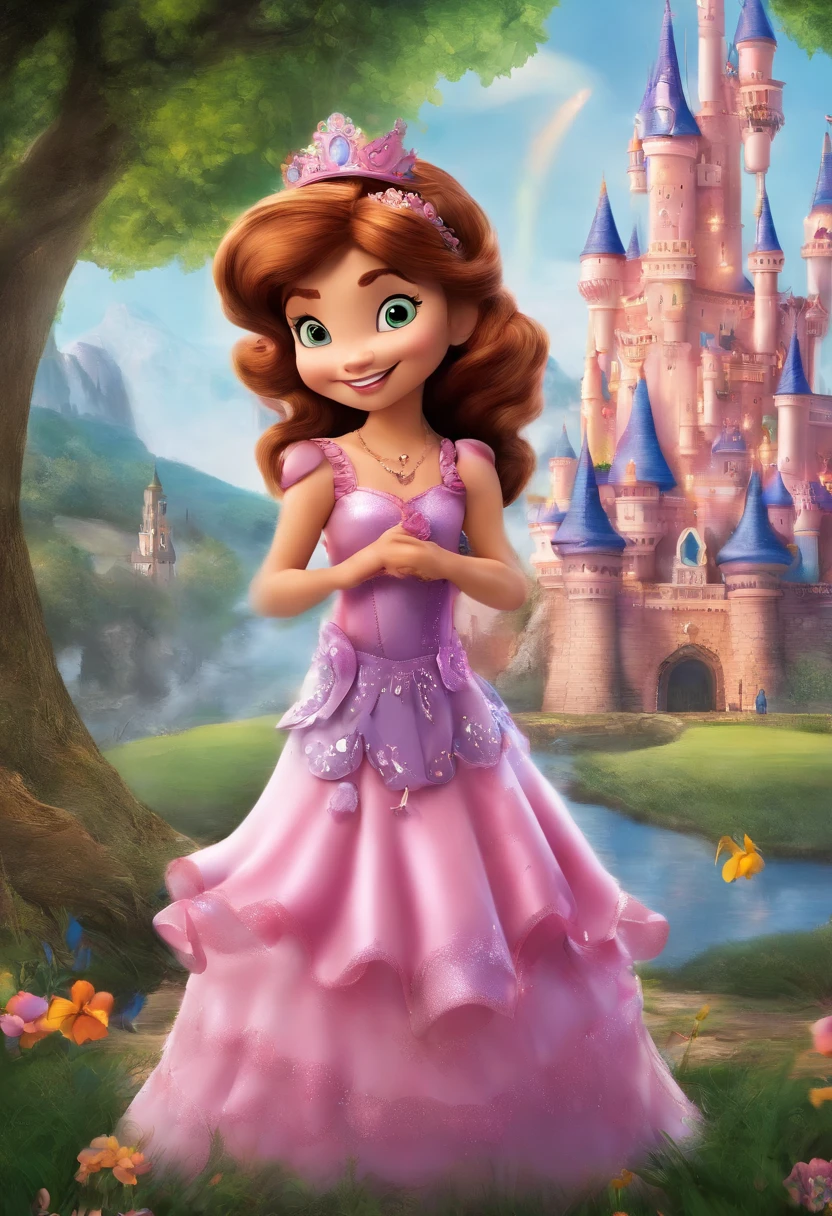 4-year-old girl child, cabelos cumprido e cacheados, morena, vestida de minnie rosa, em frente ao castelo da disney, Celebrating your birthday. gere esta imagem em estilo disney pixar