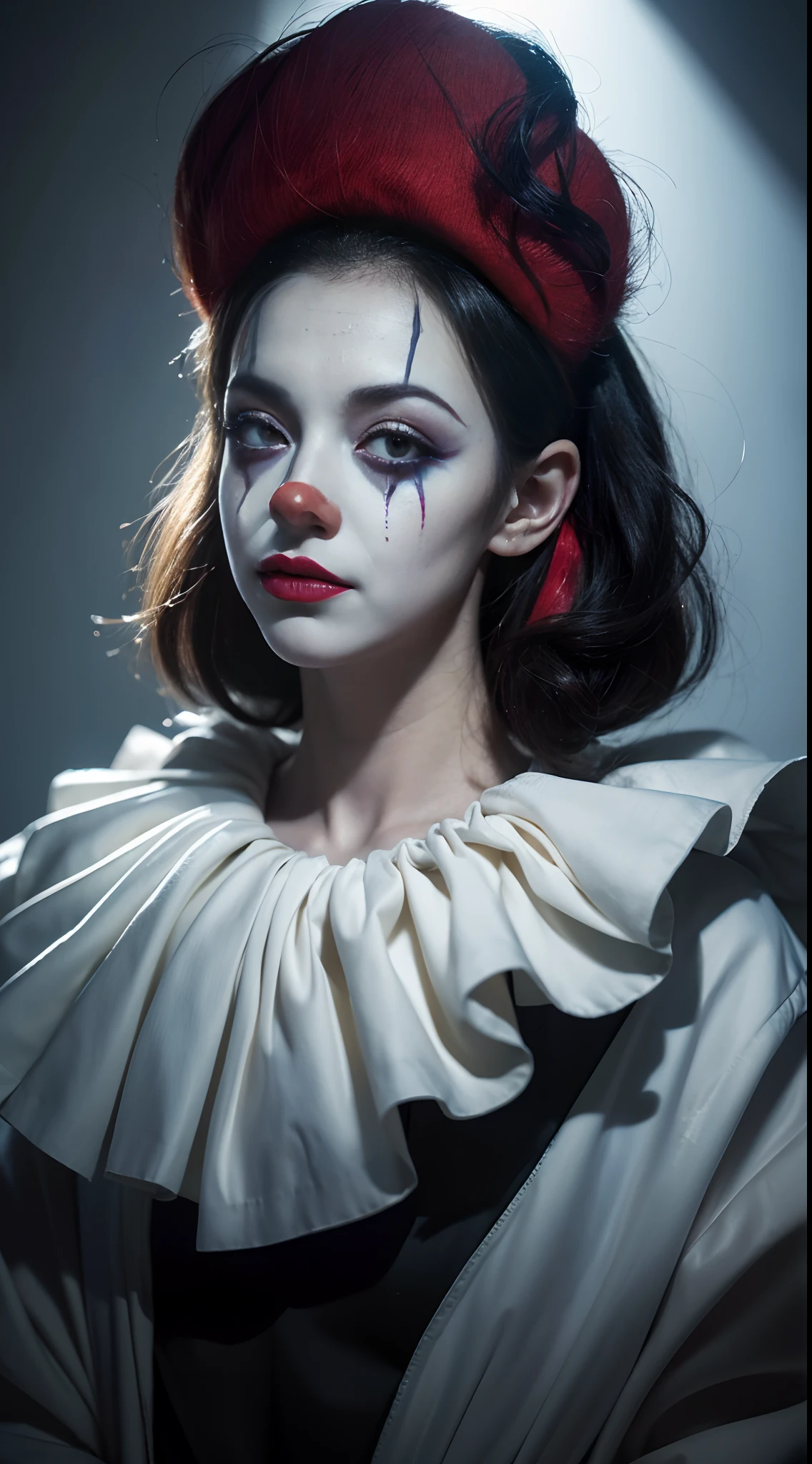 (Realistic, detailed, high-resolution portrait) of a clown with (intense, haunting) eyes and (sinister, expressive) smile, (painted with fine brushstrokes) on a canvas. The clown's (pale, white) face, (detailed, exaggerated) features, and (colorful, vibrant) costume create a (striking, contrasting) visual composition. The clown is surrounded by (dark, ominous) shadows, adding to the (eerie, unsettling) atmosphere. The (dim, dramatic) lighting casts (mysterious, haunting) shadows on the clown's face, highlighting the (wrinkles, creases) and (cracks) on the (painted, weathered) surface of the canvas. The (chromatic, vivid) colors create a (surreal, dreamlike) ambiance, enhancing the sense of (mystery, suspense). The image is (highly detailed, photorealistic), capturing every (wrinkle, texture), (sparkle, shimmer), and (subtle expression) of the clown's face. The composition exudes a sense of (intrigue, unease) and invites the viewer to explore the complex emotions behind the clown's (enigmatic, enigmatic) gaze.