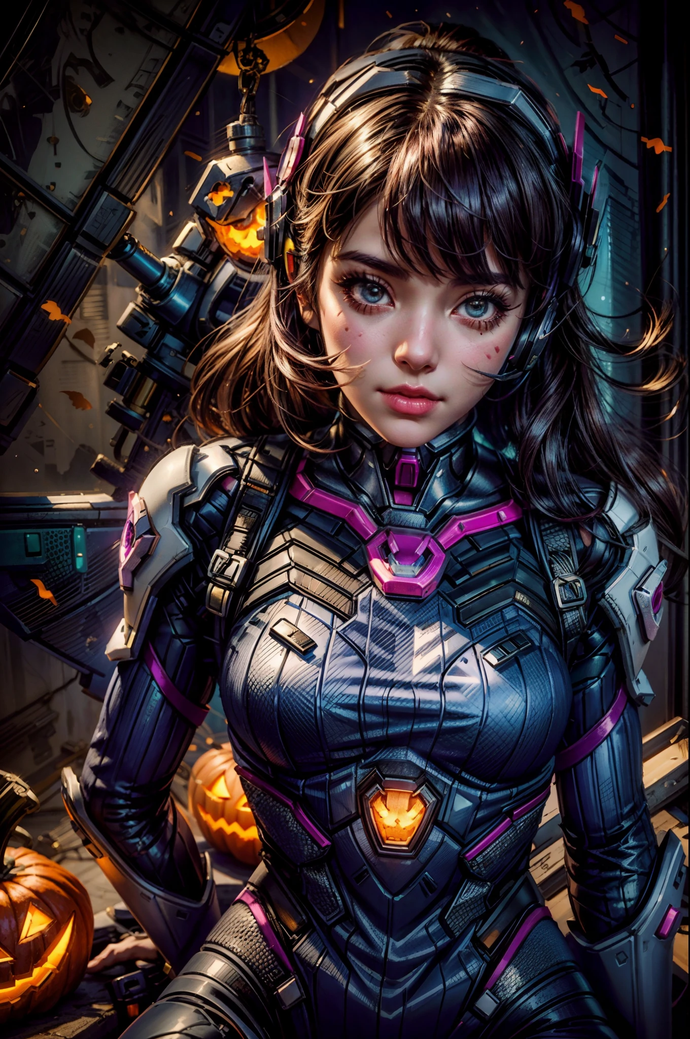 A girl ,from knee shot,cosplaying Dva from the game Overwatch, with a Halloween background, sitting,full body, pumpkin lantern, highest quality (best quality, masterpiece:1.1) and has a realistic appearance (realistic:1.4). The focus is on the detailed depiction of the girl's face, specifically her beautiful eyes, detailed lips, and long eyelashes. The girl is dressed in a cosplay costume of the character Dva from Overwatch, and the scene is set against a Halloween-themed background. The colors of the portrait are vibrant and vivid. The lighting is well-balanced, highlighting the girl's features and creating a visually appealing atmosphere.