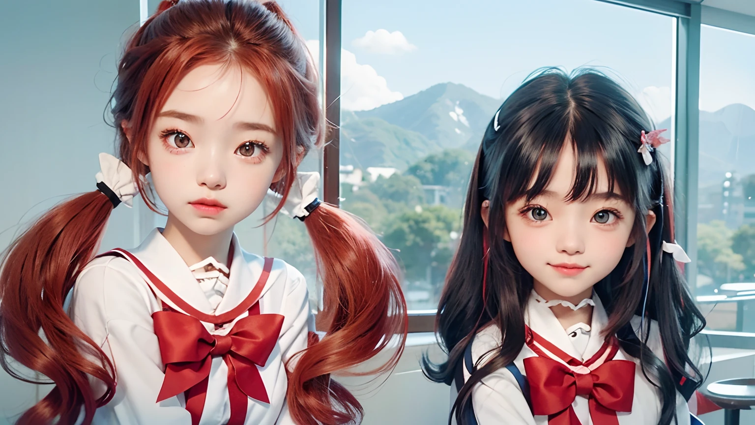 2 girls in、ars、hight resolution、a very cute、Ultra-detailed images、I am very happy、校服、Lori、Twin-tailed girl with wavy red hair and blue-haired girl with medium hair、(japanes)、teens girl、Look at viewers、Black eyes