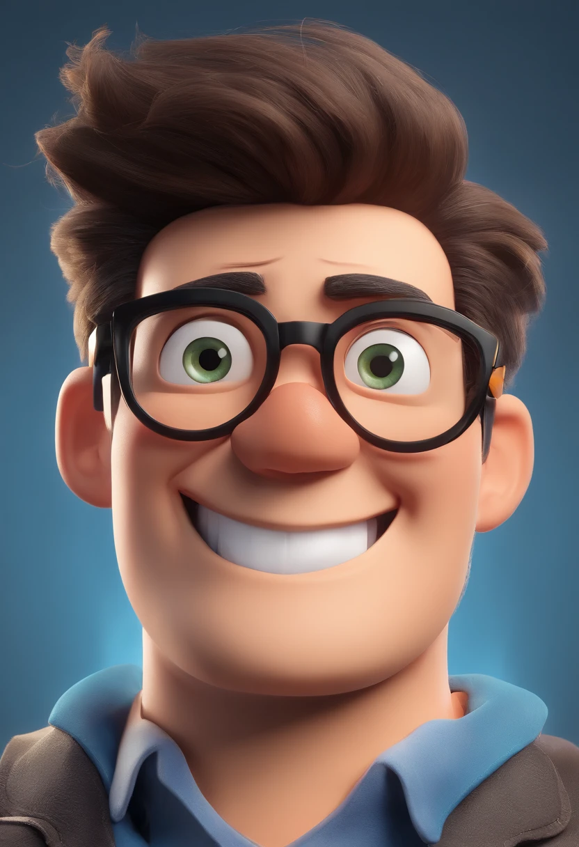 Cartoon character of a man in black glasses and a blue shirt, anime character, stylized character, Animation-style rendering, stylized 3 d, Arnold Maya Render, 3 d render stylized, Toon Render Keyshot, 3d character, 3d character, 3 d render stylized, 3 d character render, Cartoon characters, close up character, Character Pose, (Pixar Style) (Master Part:1.2) (Bokeh) (Best Quality) (Detail skin) (detailed texture) (8K) (clay) (Cinematic lighting) (foco nítido,Sit down and clear your upper body..