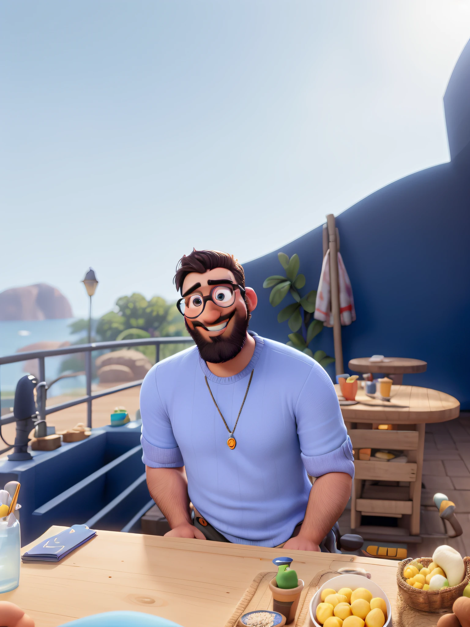 Criar um personagem no estilomodelo Disney Pixar Cartoon , do sexo masculino de cabelo, bigode e cavanhaque, sorrindo, com oculos quadrado